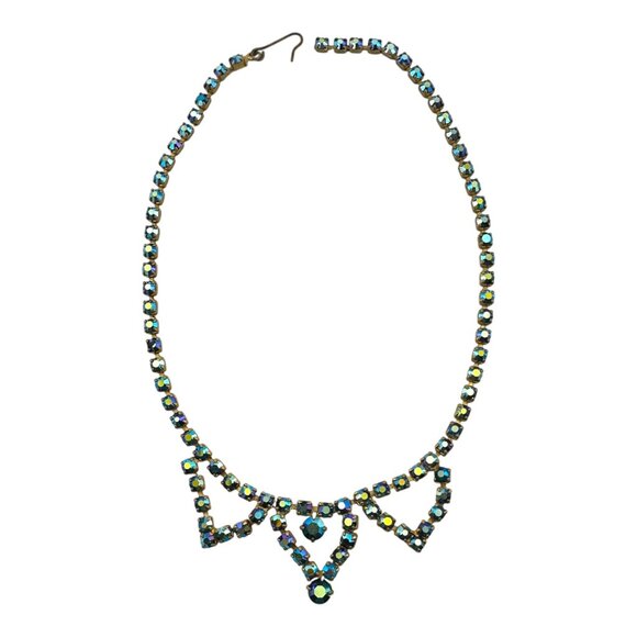 Vintage Blue Aurora Borealis Rhinestone Necklace Triple Triangle Necklace - Picture 3 of 11